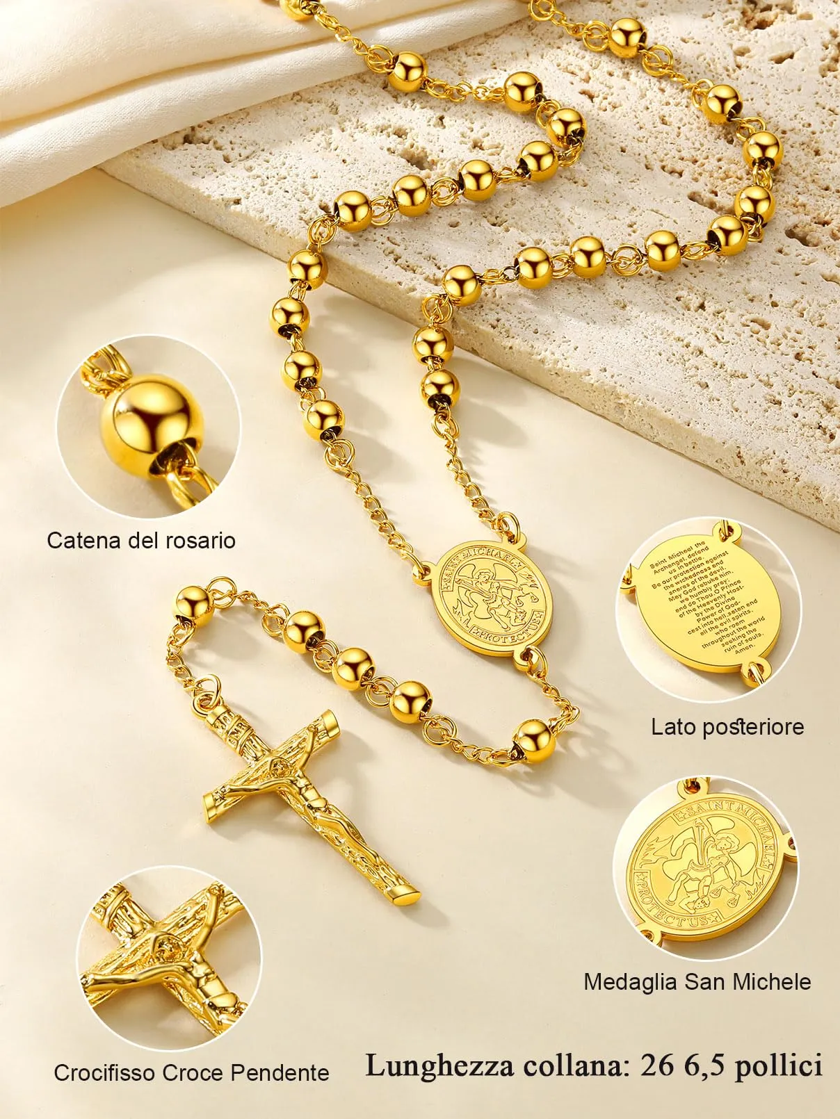 FaithHeart Collana Rosario Cristiano Medagila San Michele Argento Nero Oro Catena Lunga di Perline Preghiera 66+16 CM Collana Amuleto Gioielli Religiosi Regalo Compleanno - immagine 3
