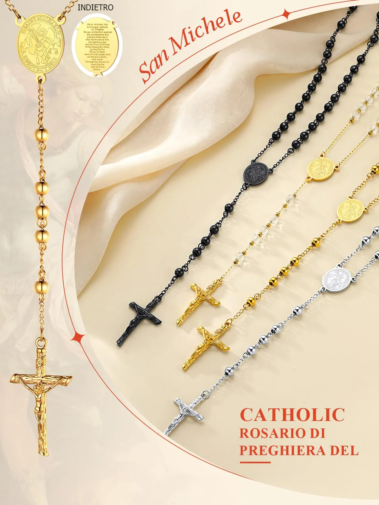 FaithHeart Collana Rosario Cristiano Medagila San Michele Argento Nero Oro Catena Lunga di Perline Preghiera 66+16 CM Collana Amuleto Gioielli Religiosi Regalo Compleanno - immagine 5