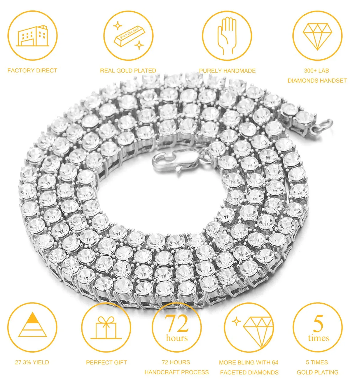 HALUKAKAH Catena d'oro Uomo Iced out,3MM Uomo Catena da Tennis Collana Girocollo Collana 20In(50cm) in Platino Placcato Finitura in Oro Bianco,Cz Completa Taglio Diamante Prong Set, Regalo per Lui - immagine 2