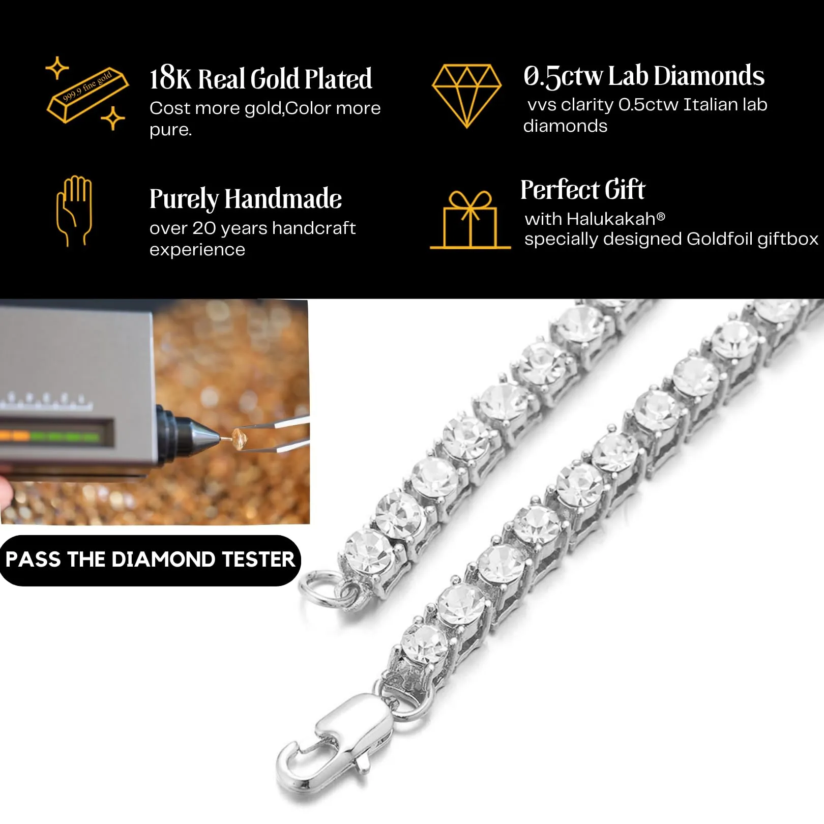 HALUKAKAH Catena in Oro Iced out,5.5MM Catena da Tennis da Uomo Platino Placcato in Oro Bianco Collana Girocollo 65cm,Diamanti da Laboratorio Set a Mano,Regalo per Lui - immagine 5