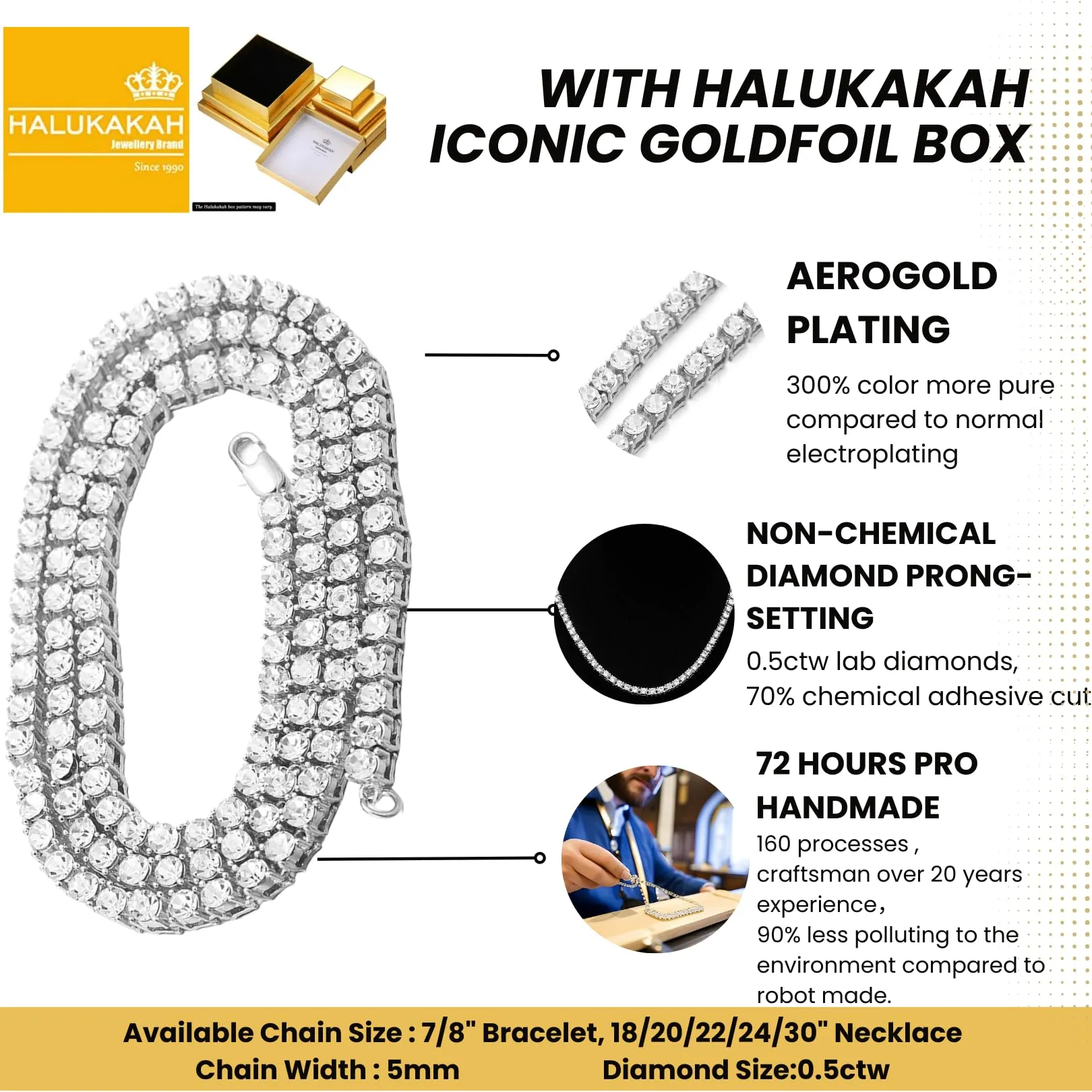 HALUKAKAH Catena in Oro Iced out,5.5MM Catena da Tennis da Uomo Platino Placcato in Oro Bianco Collana Girocollo 90cm,Diamanti da Laboratorio Set a Mano,Regalo per Lui - immagine 3