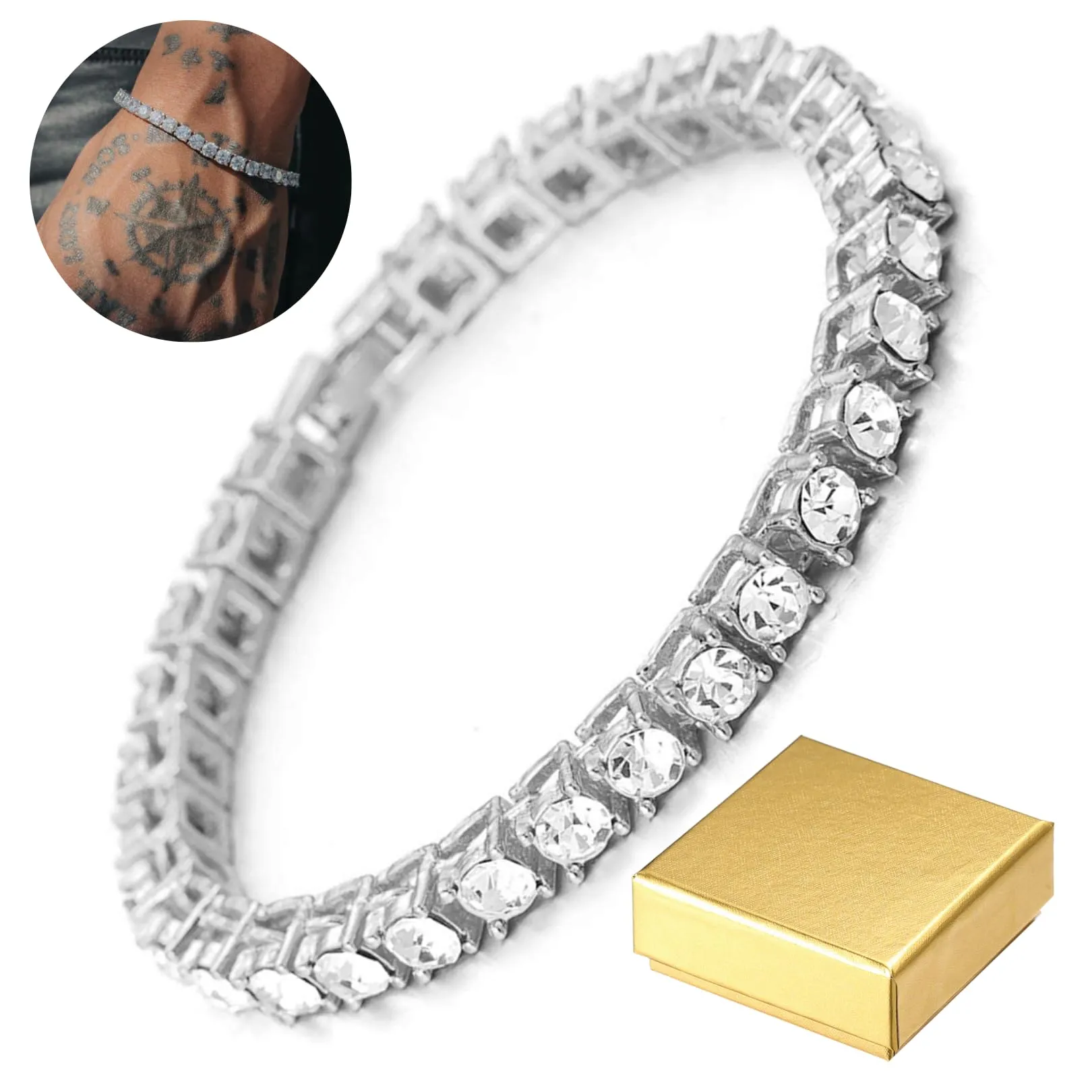HALUKAKAH Catena in Oro Iced out,5.5MM Catena da Tennis da Uomo Platino Placcato in Oro Bianco Collana Girocollo 45cm,Diamanti da Laboratorio Set a Mano,Regalo per Lui - immagine 7