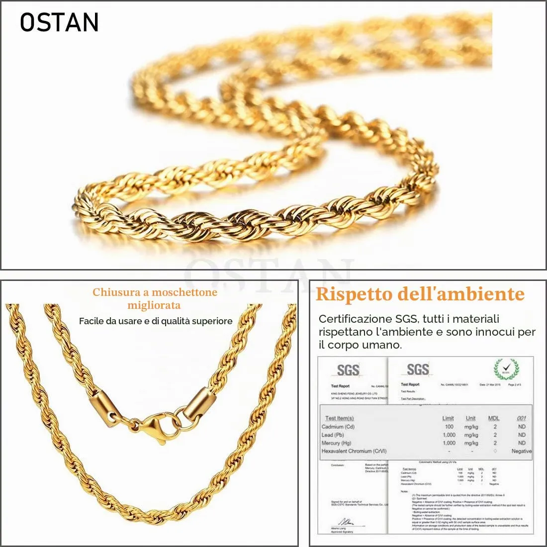OSTAN 2.0 MM 3 MM 4 MM 5 MM Collana con corda intrecciata Collana con catena in acciaio inossidabile Uomo Donna Gioielli - immagine 3
