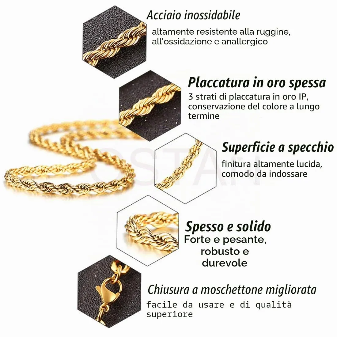 OSTAN 2.0 MM 3 MM 4 MM 5 MM Collana con corda intrecciata Collana con catena in acciaio inossidabile Uomo Donna Gioielli - immagine 7