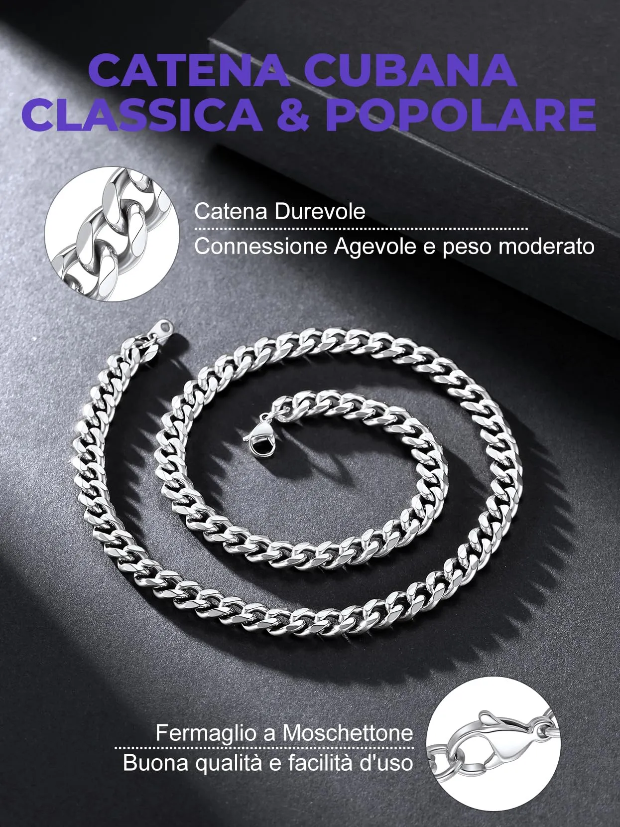 Richsteel Collana a Maglie a Catena Cubana Larghezza 3MM/6MM/9MM/12MM Lunghezza 18"/22"/26"/28"/30" Collana Unisex con Catena di Cordoli per Gioielli Placcata Oro/Nero/Acciaio Inossidabile - immagine 3