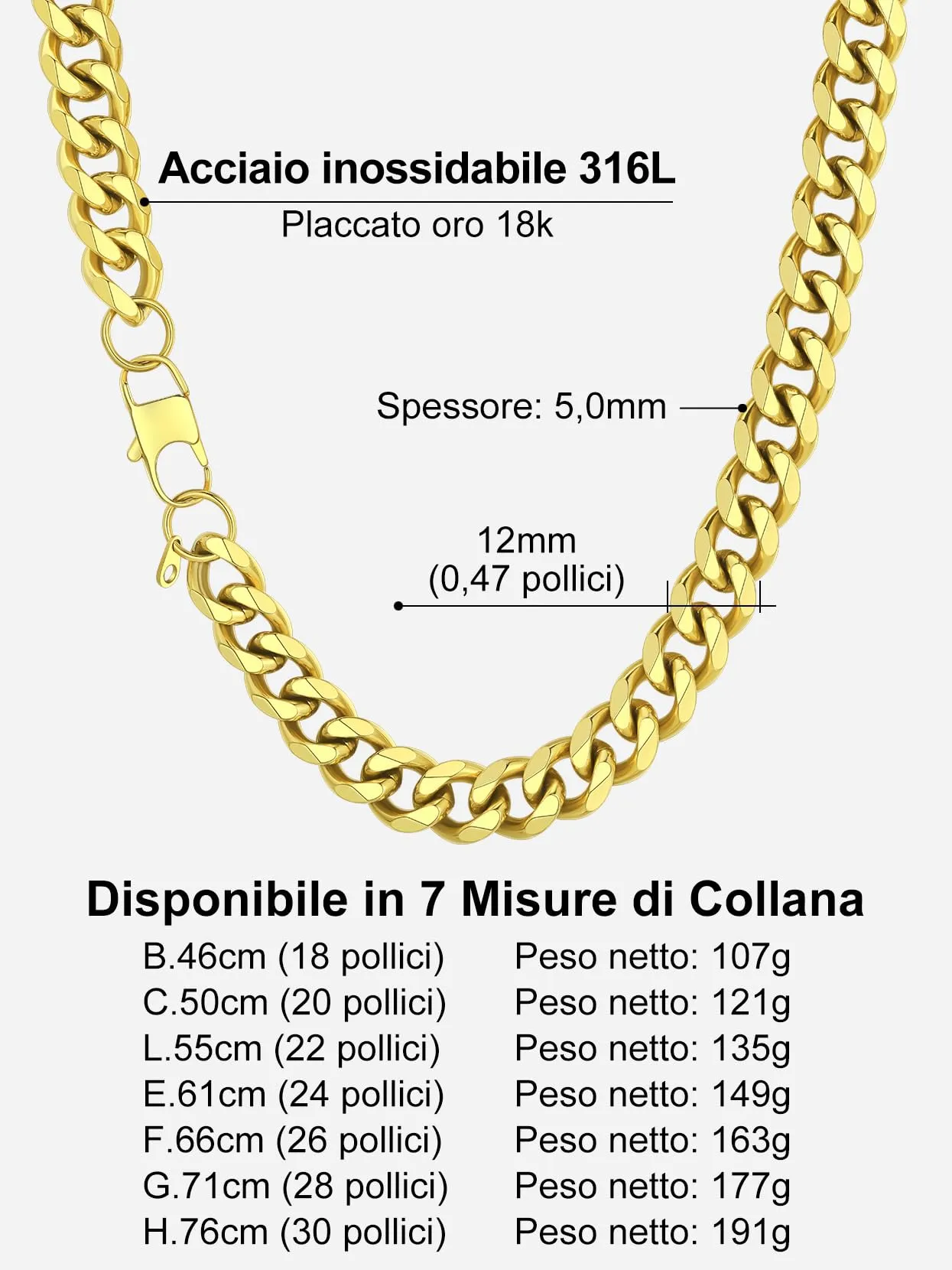 Richsteel Collana a Maglie a Catena Cubana Larghezza 3MM/6MM/9MM/12MM Lunghezza 18"/22"/26"/28"/30" Collana Unisex con Catena di Cordoli per Gioielli Placcata Oro/Nero/Acciaio Inossidabile - immagine 6
