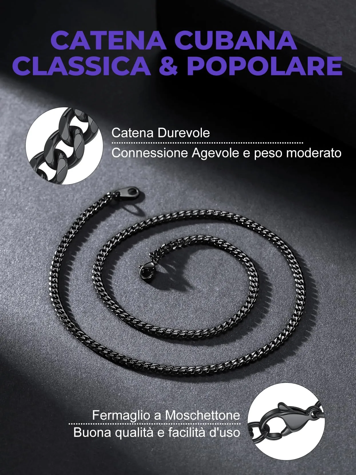 Richsteel Collana a Maglie a Catena Cubana Larghezza 3MM/6MM/9MM/12MM Lunghezza 18"/22"/26"/28"/30" Collana Unisex con Catena di Cordoli per Gioielli Placcata Oro/Nero/Acciaio Inossidabile - immagine 3
