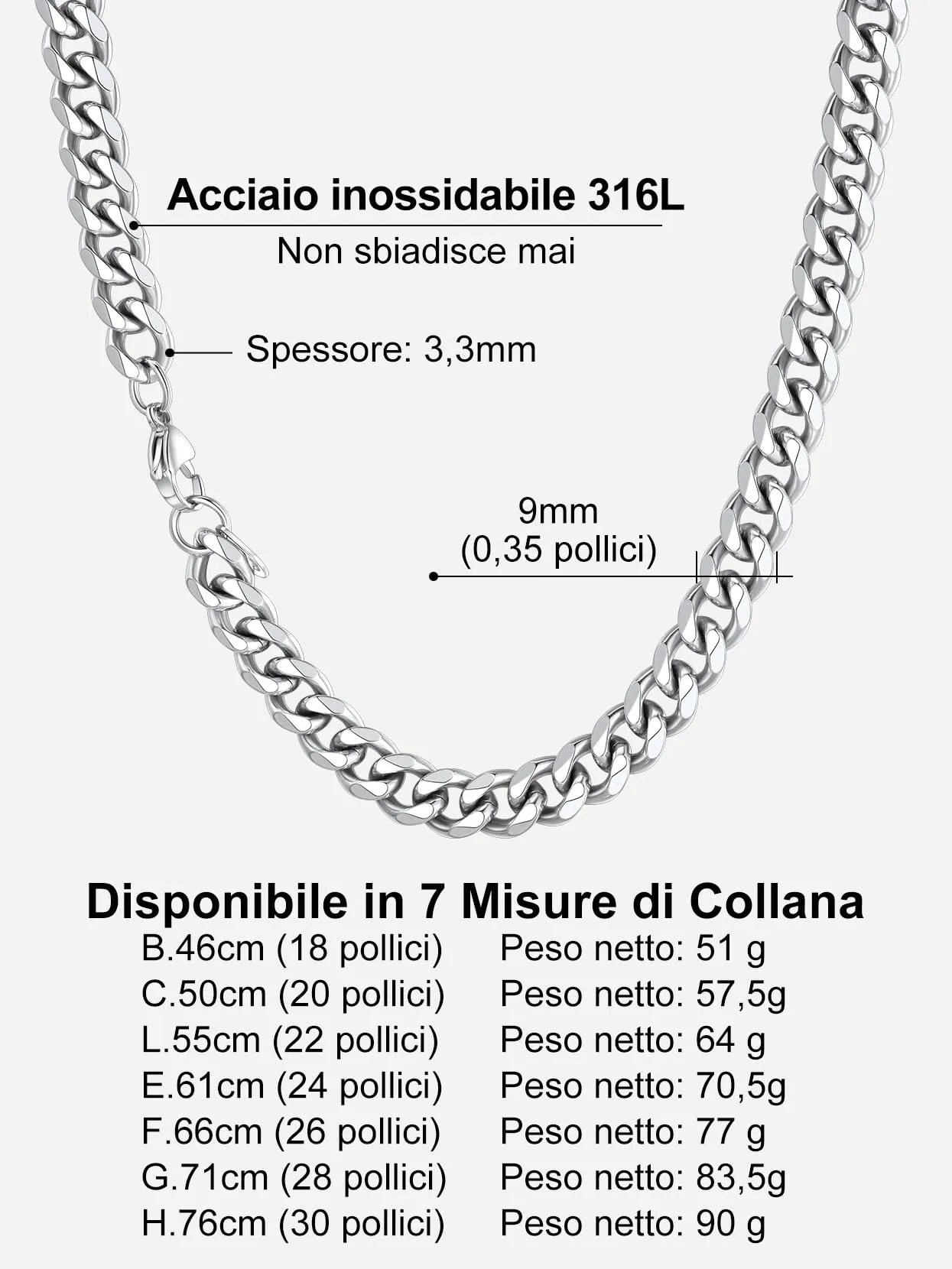Richsteel Collana a Maglie a Catena Cubana Larghezza 3MM/6MM/9MM/12MM Lunghezza 18"/22"/26"/28"/30" Collana Unisex con Catena di Cordoli per Gioielli Placcata Oro/Nero/Acciaio Inossidabile - immagine 5