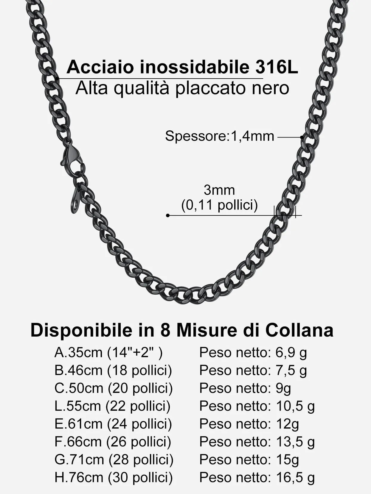 Richsteel Collana a Maglie a Catena Cubana Larghezza 3MM/6MM/9MM/12MM Lunghezza 18"/22"/26"/28"/30" Collana Unisex con Catena di Cordoli per Gioielli Placcata Oro/Nero/Acciaio Inossidabile - immagine 6