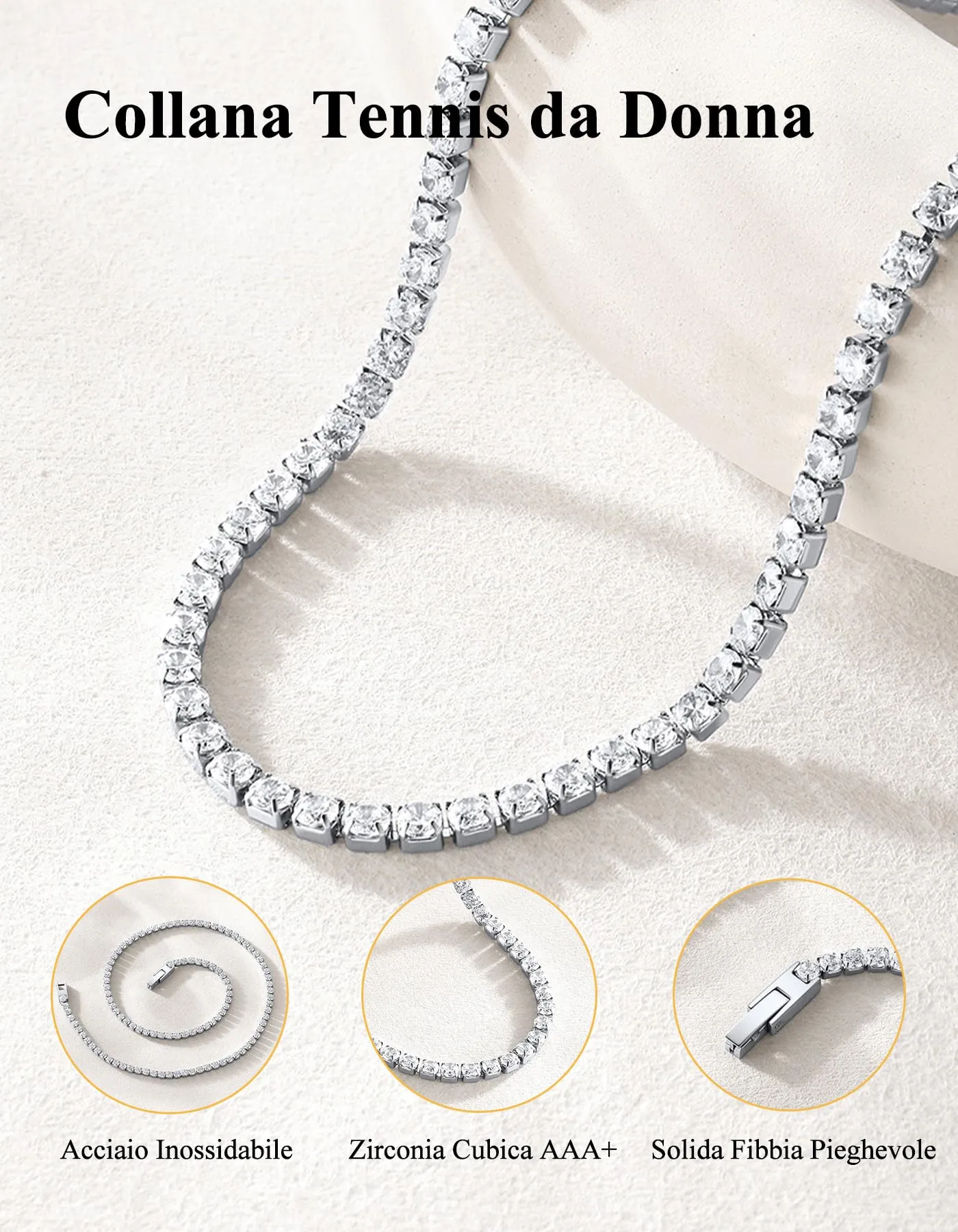 U7 Collana Tennis Donna e Uomo con Zirconi Bianchi 3mm lungh.45cm - immagine 4