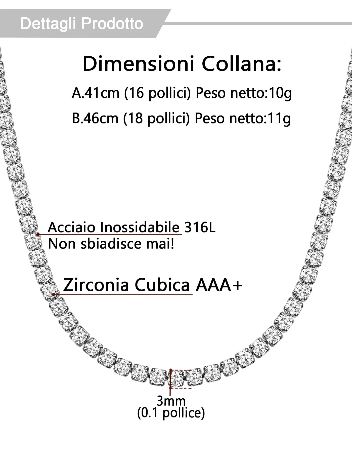 U7 Collana Tennis Donna e Uomo con Zirconi Bianchi 3mm lungh.45cm - immagine 5