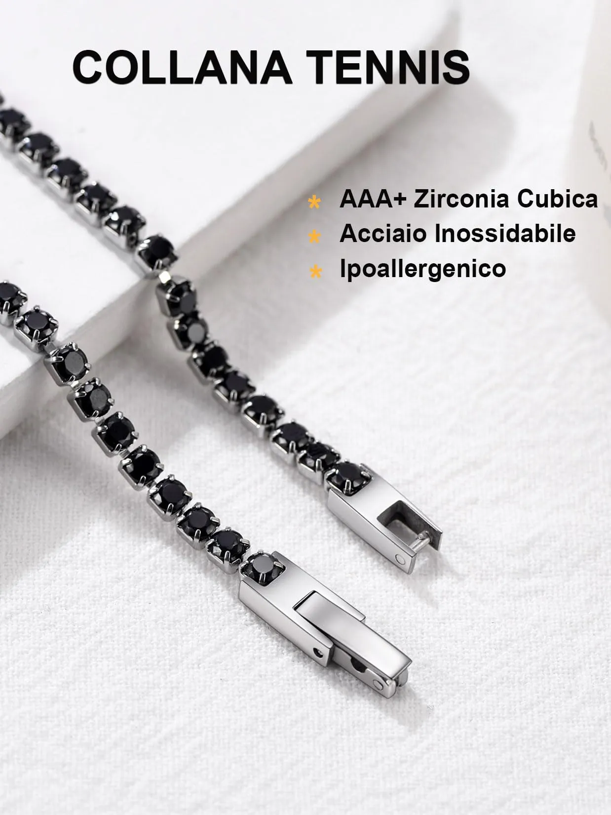 U7 Collana Tennis Donna e Uomo con Zirconi Neri 3mm lungh.40cm - immagine 4