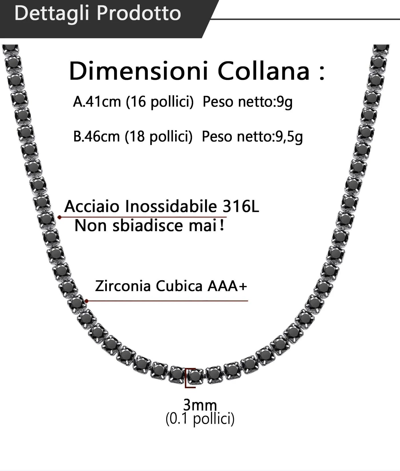 U7 Collana Tennis Donna e Uomo con Zirconi Neri 3mm lungh.40cm - immagine 5