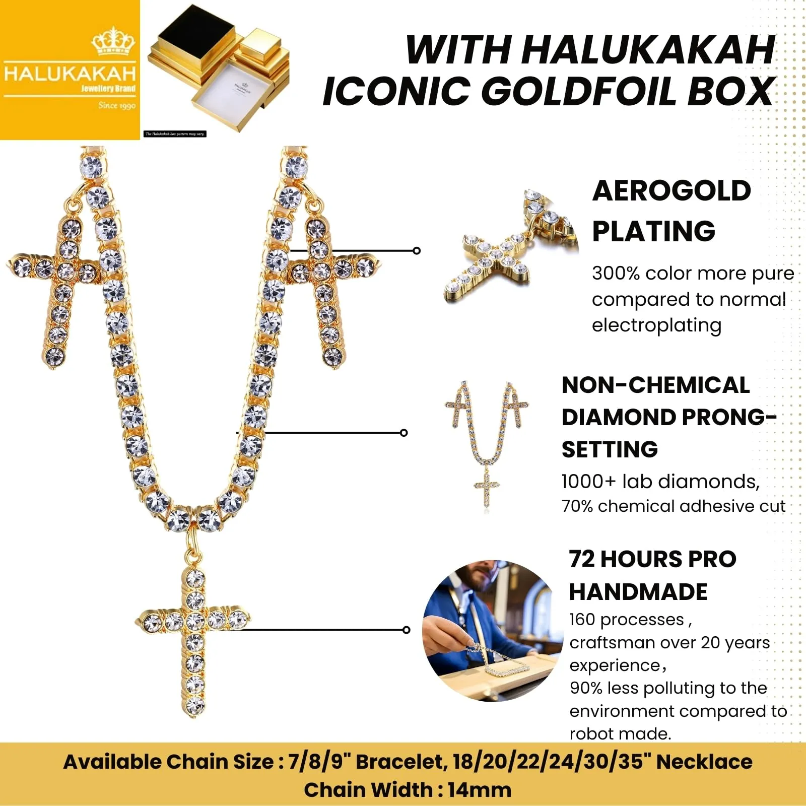 HALUKAKAH Catena da Tennis Placcato in Oro Reale 18k da 5 mm con 0,5ctw di Diamanti Incastonati a Mano per Uomini e Donne - Adornata con 3 Croci Religiose - Completa di Scatola Regalo - immagine 3