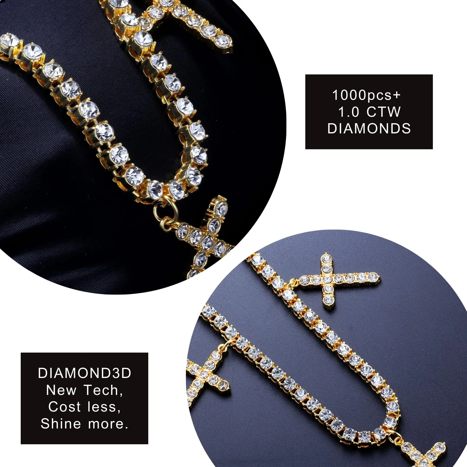 HALUKAKAH Catena da Tennis Placcato in Oro Reale 18k da 5 mm con 0,5ctw di Diamanti Incastonati a Mano per Uomini e Donne - Adornata con 3 Croci Religiose - Completa di Scatola Regalo - immagine 4