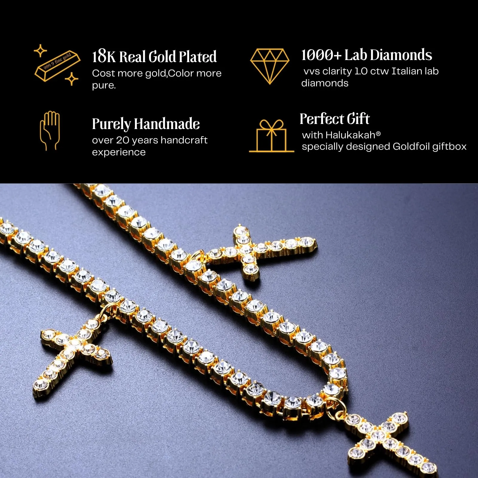 HALUKAKAH Catena da Tennis Placcato in Oro Reale 18k da 5 mm con 0,5ctw di Diamanti Incastonati a Mano per Uomini e Donne - Adornata con 3 Croci Religiose - Completa di Scatola Regalo - immagine 5