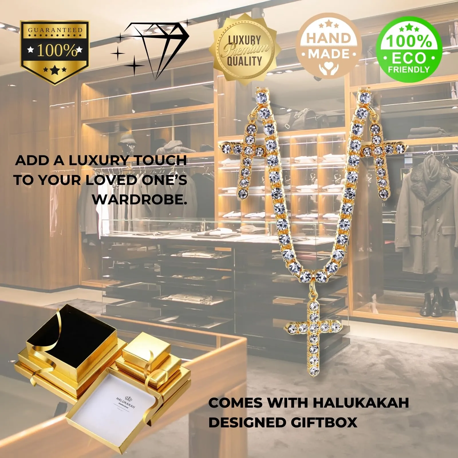 HALUKAKAH Catena da Tennis Placcato in Oro Reale 18k da 5 mm con 0,5ctw di Diamanti Incastonati a Mano per Uomini e Donne - Adornata con 3 Croci Religiose - Completa di Scatola Regalo - immagine 7