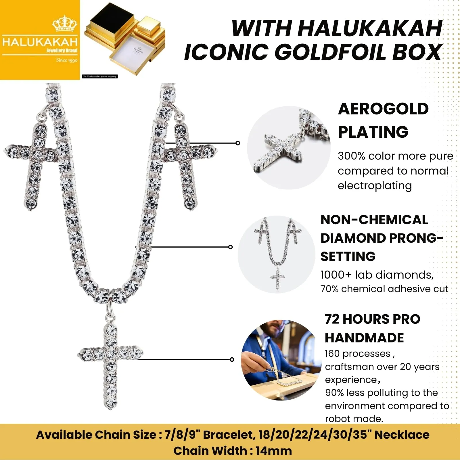 HALUKAKAH Catena da Tennis Placcato in Platino da 5 mm con 0,5ctw di Diamanti Incastonati a Mano per Uomini e Donne - Adornata con 3 Croci Religiose - Completa di Scatola Regalo - immagine 3