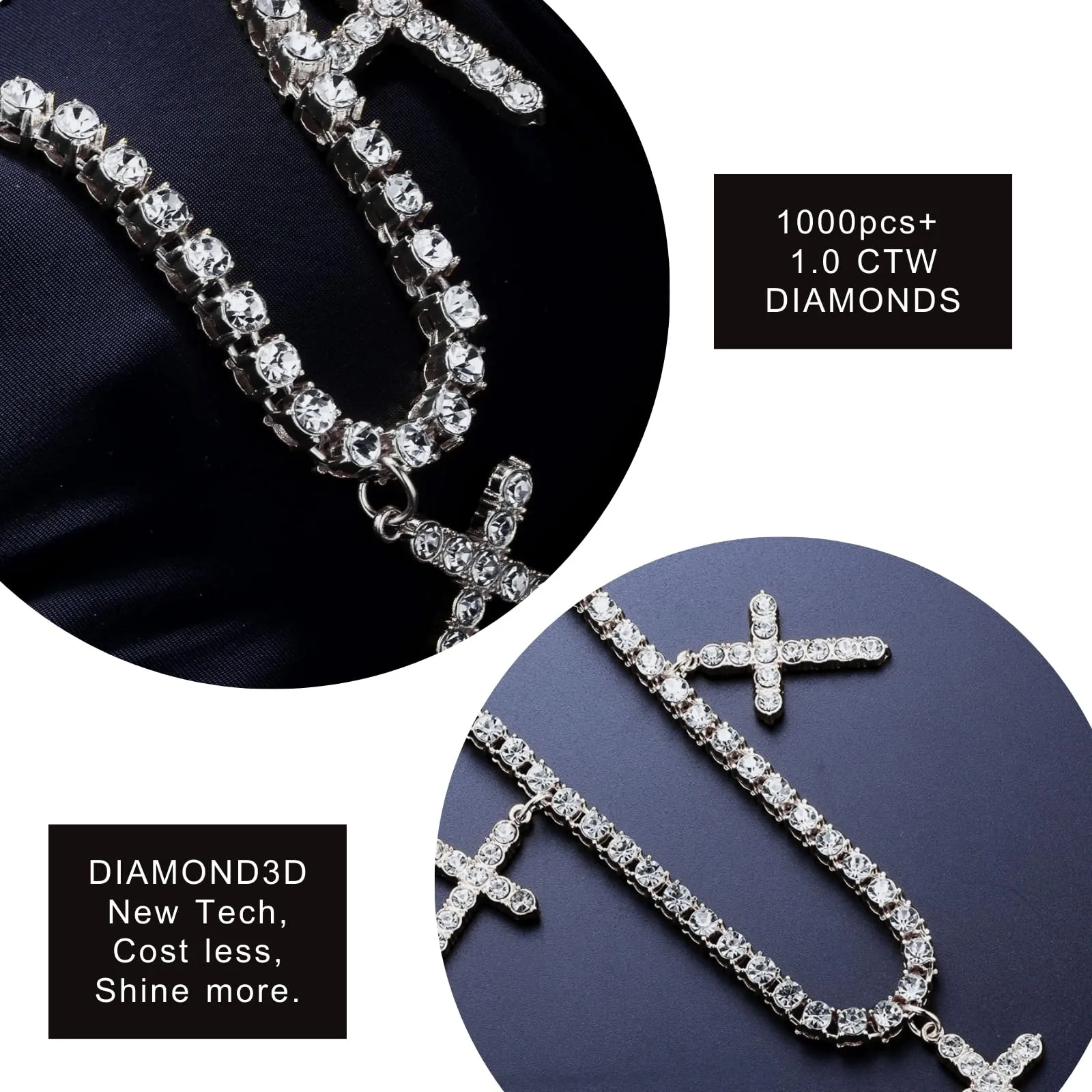 HALUKAKAH Catena da Tennis Placcato in Platino da 5 mm con 0,5ctw di Diamanti Incastonati a Mano per Uomini e Donne - Adornata con 3 Croci Religiose - Completa di Scatola Regalo - immagine 4