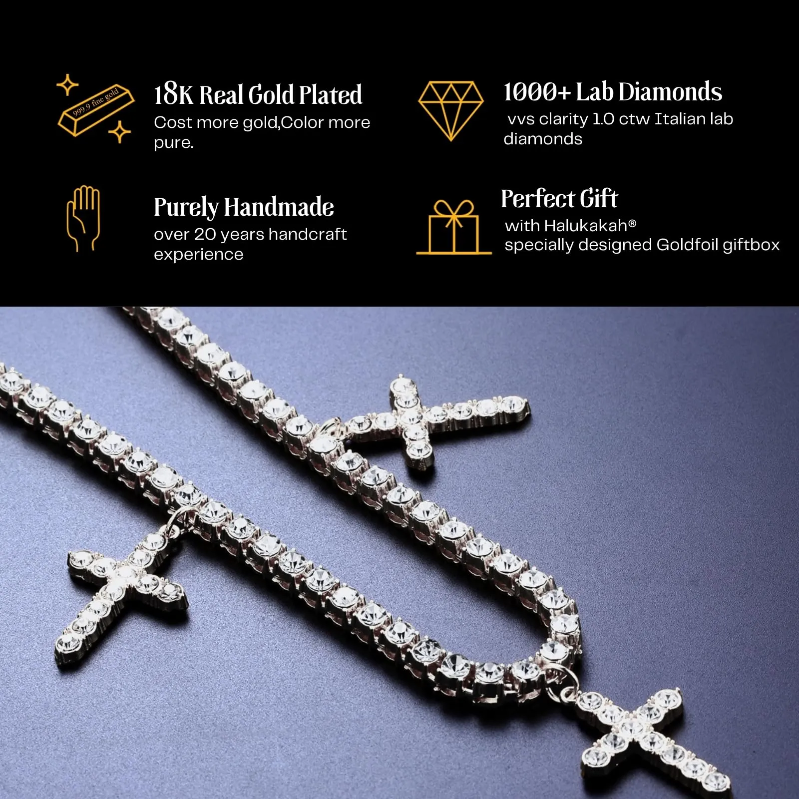 HALUKAKAH Catena da Tennis Placcato in Platino da 5 mm con 0,5ctw di Diamanti Incastonati a Mano per Uomini e Donne - Adornata con 3 Croci Religiose - Completa di Scatola Regalo - immagine 5