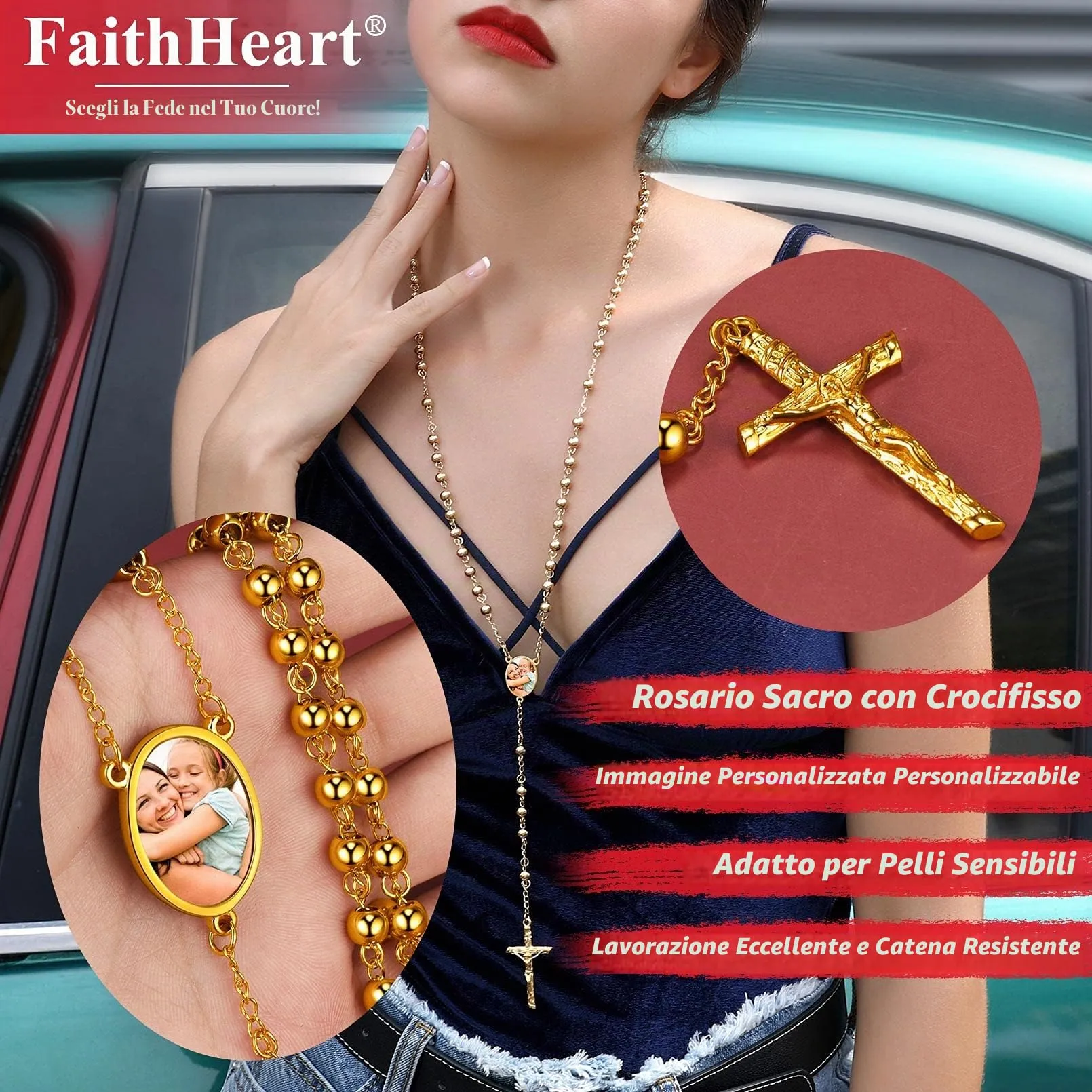 FaithHeart Collana Rosario Medaglia HD Foto Uomo Donna Crocifisso Pregheria Collana Croce Cattolica Personalizzata Catena Colorata con Perline Ciondolo Crocifisso Gioielli Religiosi - immagine 2