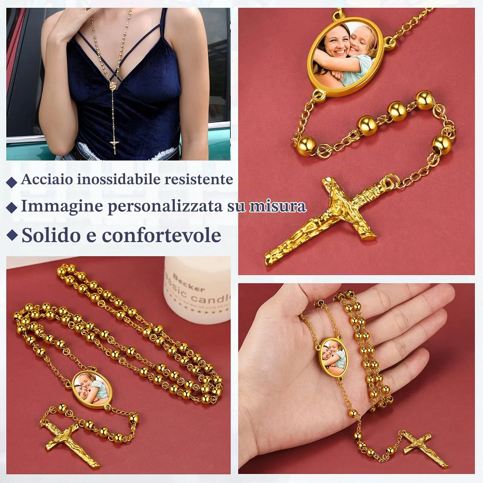 FaithHeart Collana Rosario Medaglia HD Foto Uomo Donna Crocifisso Pregheria Collana Croce Cattolica Personalizzata Catena Colorata con Perline Ciondolo Crocifisso Gioielli Religiosi - immagine 4