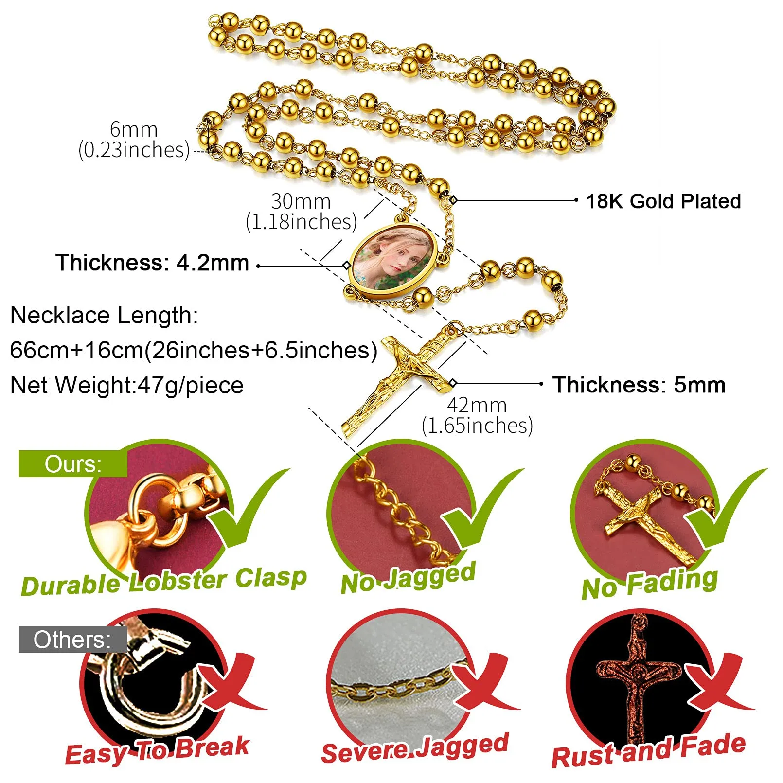 FaithHeart Collana Rosario Medaglia HD Foto Uomo Donna Crocifisso Pregheria Collana Croce Cattolica Personalizzata Catena Colorata con Perline Ciondolo Crocifisso Gioielli Religiosi - immagine 5