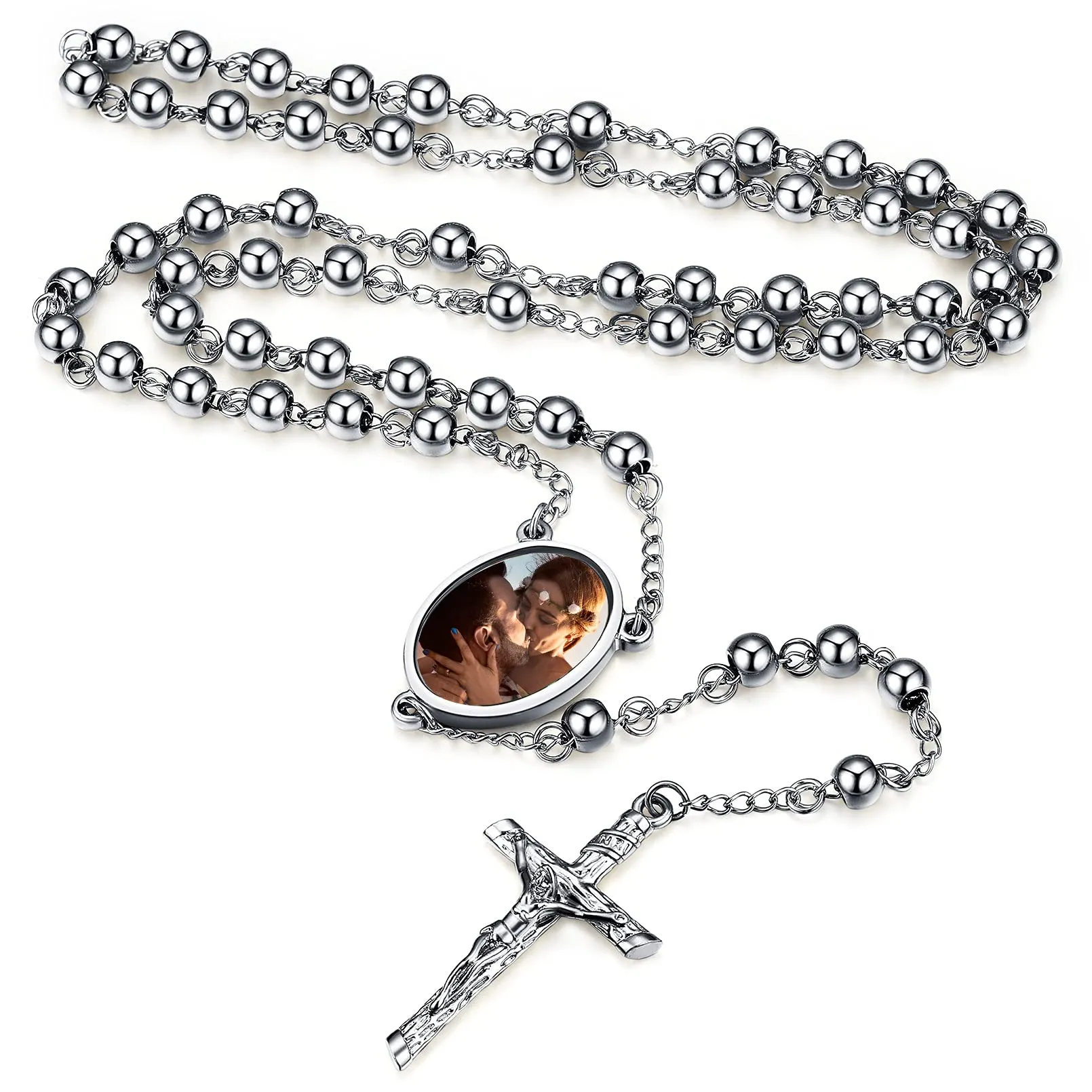 FaithHeart Collana Rosario Medaglia HD Foto Uomo Donna Crocifisso Pregheria Collana Croce Cattolica Personalizzata Catena Colorata con Perline Ciondolo Crocifisso Gioielli Religiosi - immagine 1