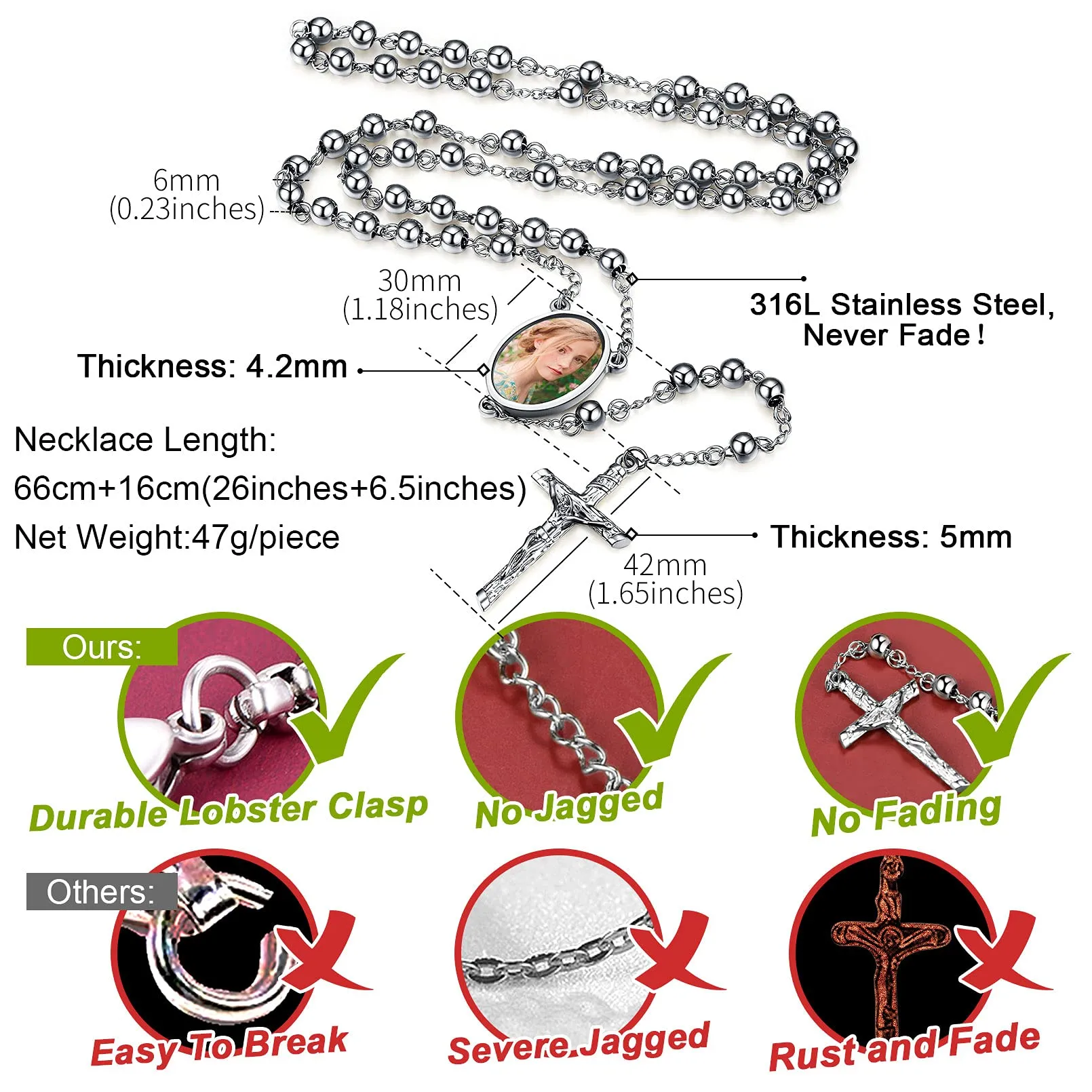FaithHeart Collana Rosario Medaglia HD Foto Uomo Donna Crocifisso Pregheria Collana Croce Cattolica Personalizzata Catena Colorata con Perline Ciondolo Crocifisso Gioielli Religiosi - immagine 5