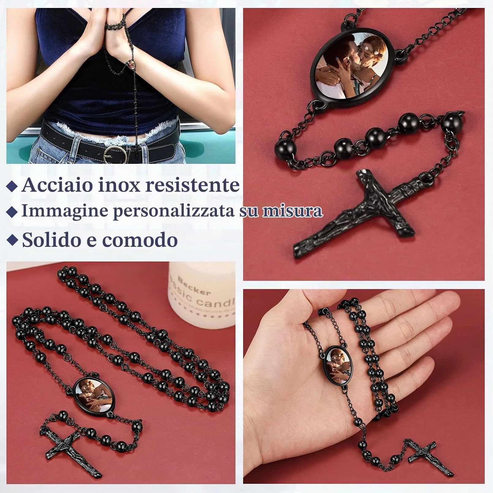 FaithHeart Collana Rosario Medaglia HD Foto Uomo Donna Crocifisso Pregheria Collana Croce Cattolica Personalizzata Catena Colorata con Perline Ciondolo Crocifisso Gioielli Religiosi - immagine 4