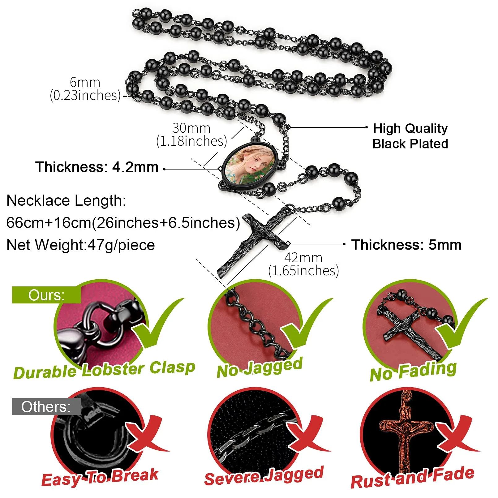 FaithHeart Collana Rosario Medaglia HD Foto Uomo Donna Crocifisso Pregheria Collana Croce Cattolica Personalizzata Catena Colorata con Perline Ciondolo Crocifisso Gioielli Religiosi - immagine 5