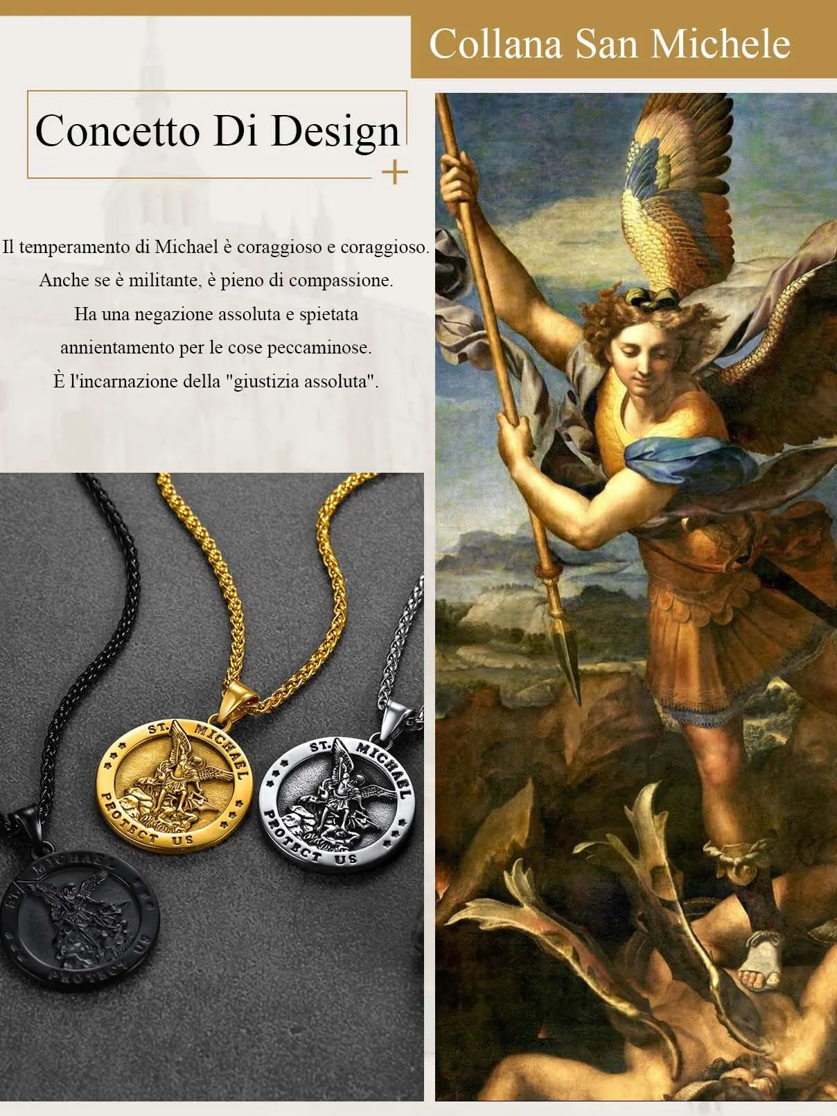 FaithHeart Collana San Michele Arcangelo Acciaio Inox 316L Uomo Gioielli Religiosi Cristiani Talismano di Protezione Soldati Militari, 55, Metallo, Nessuna pietra preziosa - immagine 2