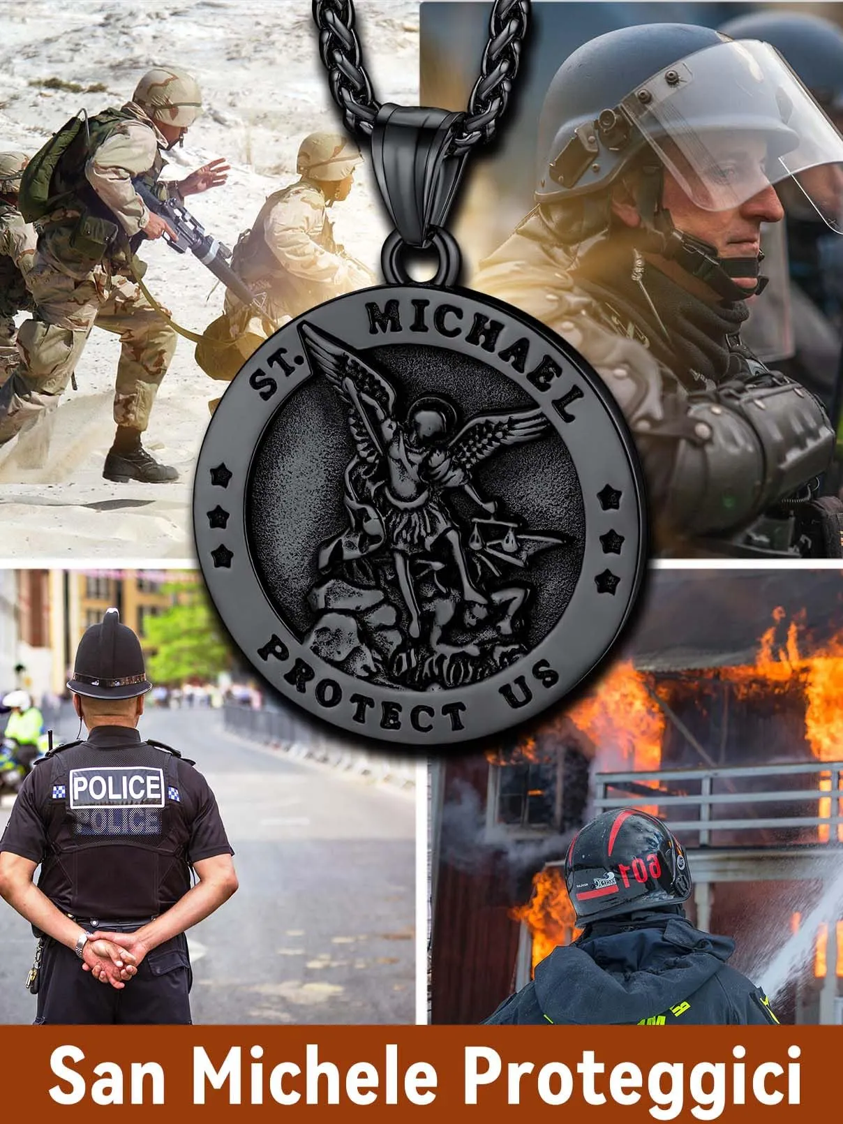 FaithHeart Collana San Michele Arcangelo Acciaio Inox 316L Uomo Gioielli Religiosi Cristiani Talismano di Protezione Soldati Militari, 55, Metallo, Nessuna pietra preziosa - immagine 3