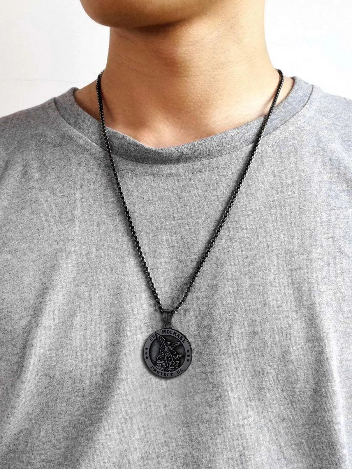 FaithHeart Collana San Michele Arcangelo Acciaio Inox 316L Uomo Gioielli Religiosi Cristiani Talismano di Protezione Soldati Militari, 55, Metallo, Nessuna pietra preziosa - immagine 4