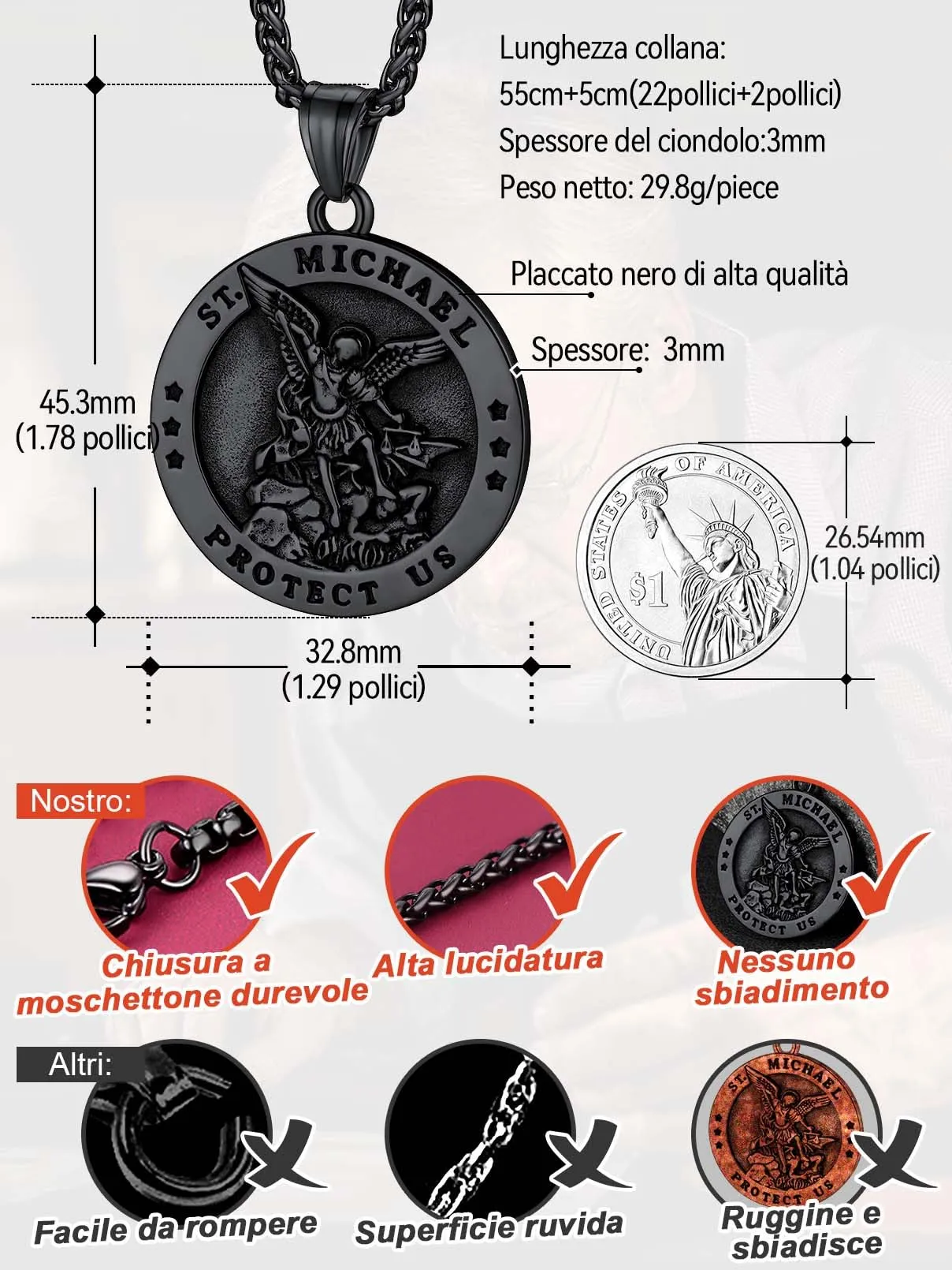 FaithHeart Collana San Michele Arcangelo Acciaio Inox 316L Uomo Gioielli Religiosi Cristiani Talismano di Protezione Soldati Militari, 55, Metallo, Nessuna pietra preziosa - immagine 6