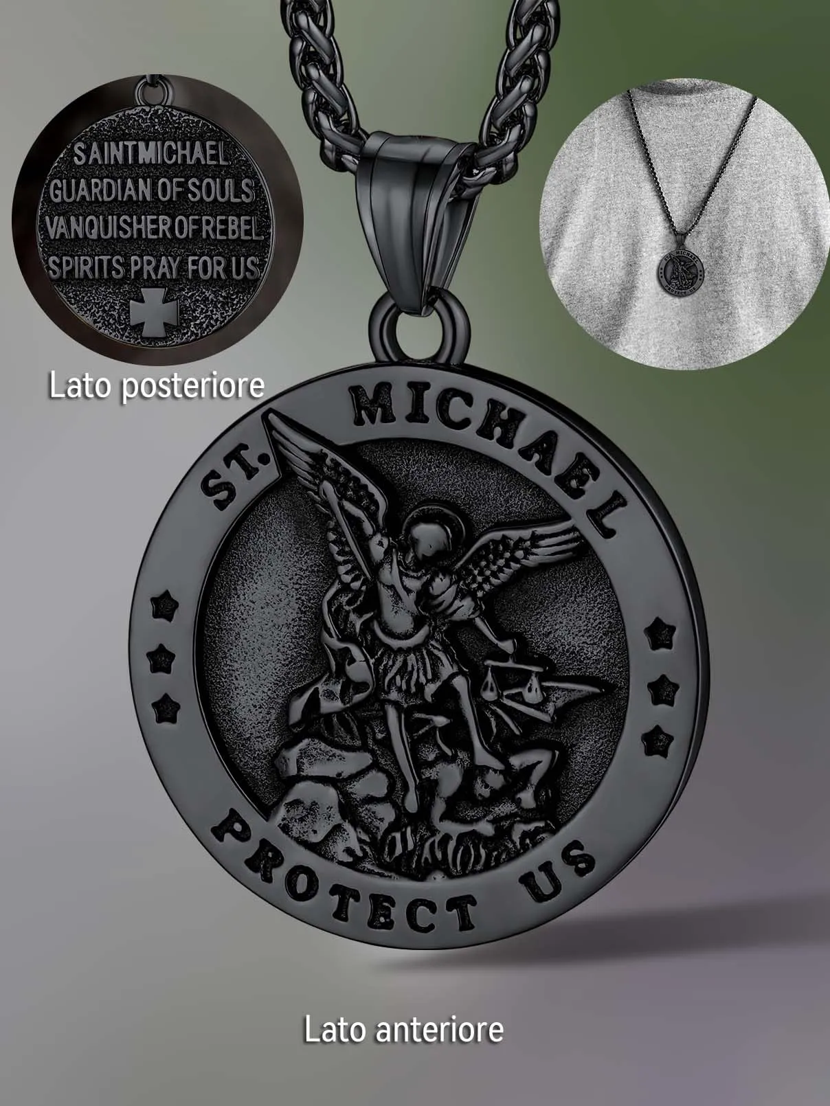 FaithHeart Collana San Michele Arcangelo Acciaio Inox 316L Uomo Gioielli Religiosi Cristiani Talismano di Protezione Soldati Militari, 55, Metallo, Nessuna pietra preziosa - immagine 7