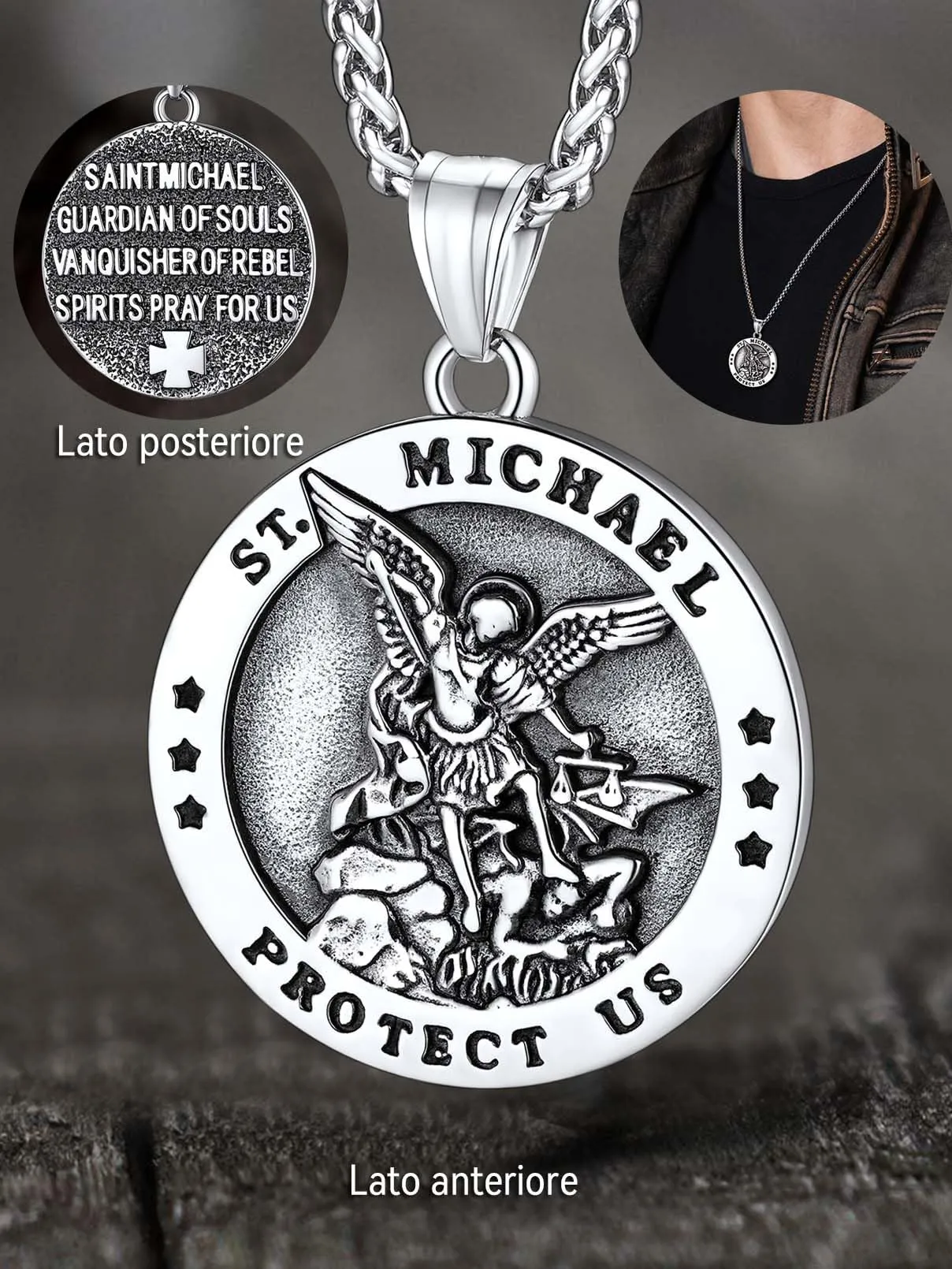 FaithHeart Collana San Michele Arcangelo Acciaio Inox 316L Uomo Gioielli Religiosi Cristiani Talismano di Protezione Soldati Militari, 55, Metallo, Nessuna pietra preziosa - immagine 2