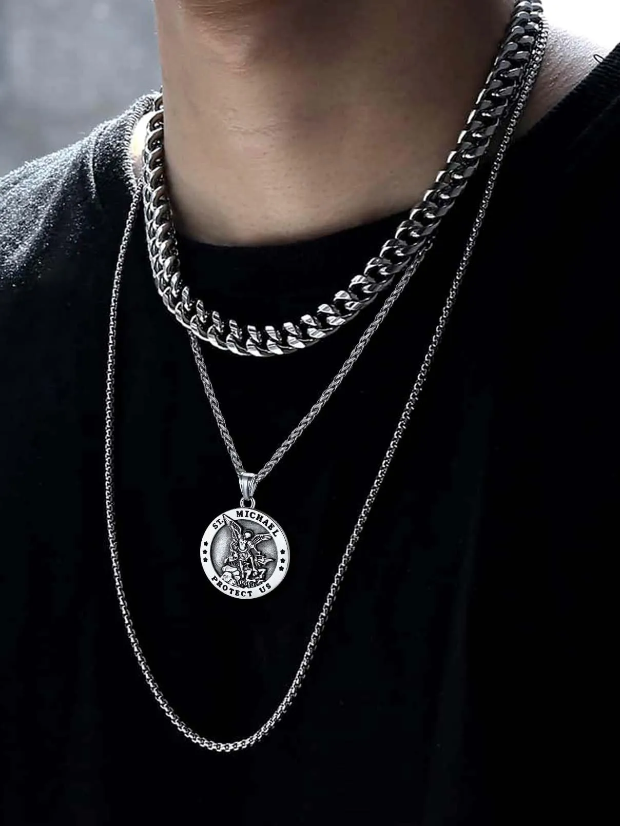 FaithHeart Collana San Michele Arcangelo Acciaio Inox 316L Uomo Gioielli Religiosi Cristiani Talismano di Protezione Soldati Militari, 55, Metallo, Nessuna pietra preziosa - immagine 3