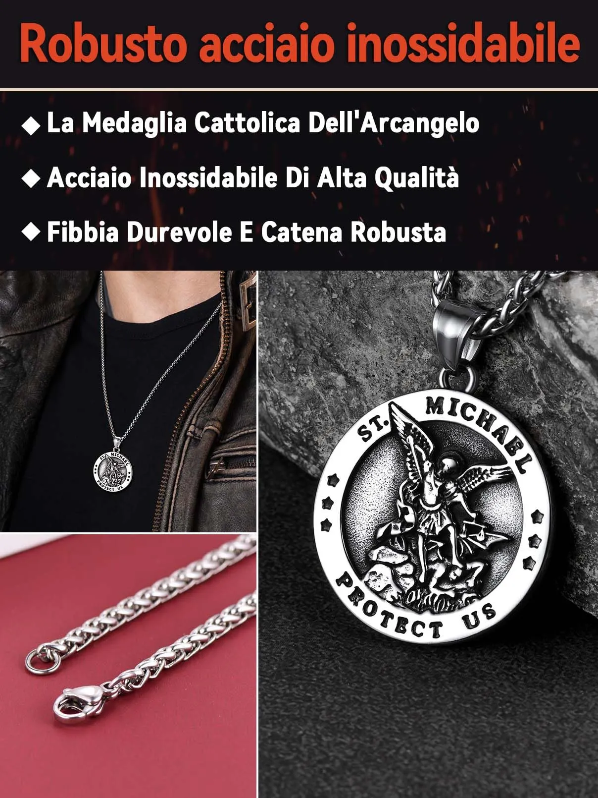 FaithHeart Collana San Michele Arcangelo Acciaio Inox 316L Uomo Gioielli Religiosi Cristiani Talismano di Protezione Soldati Militari, 55, Metallo, Nessuna pietra preziosa - immagine 4