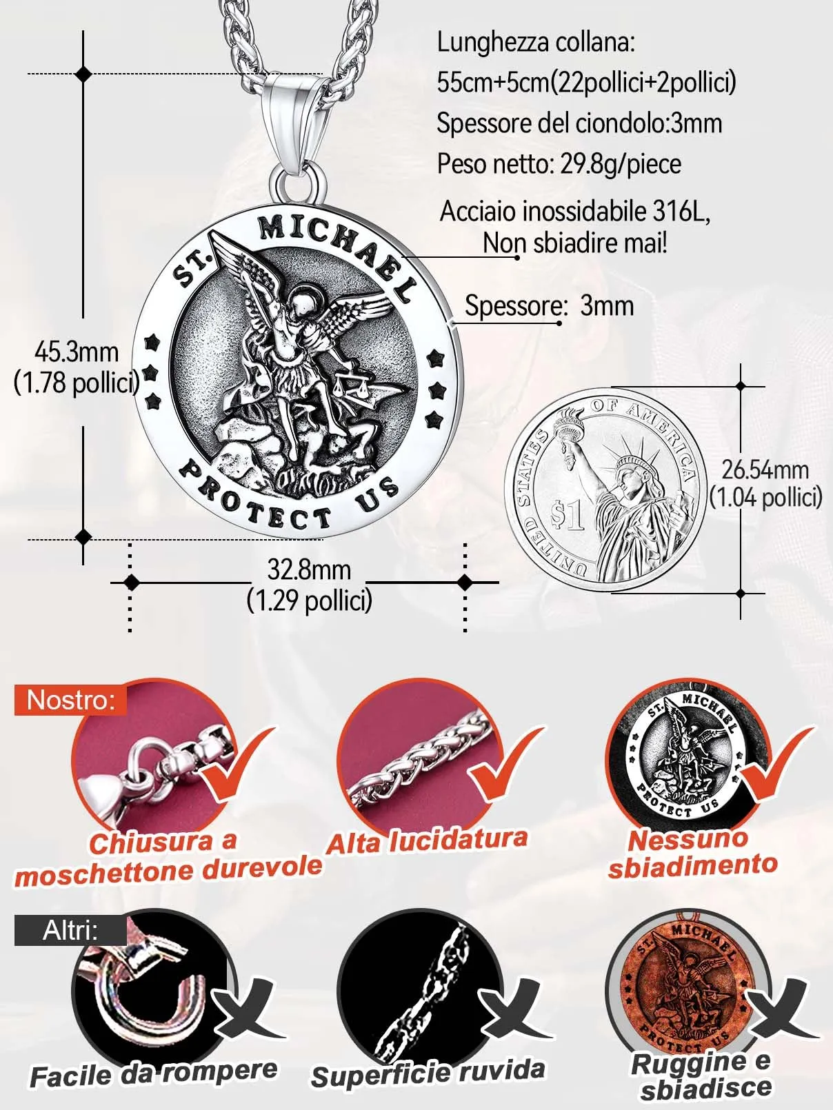 FaithHeart Collana San Michele Arcangelo Acciaio Inox 316L Uomo Gioielli Religiosi Cristiani Talismano di Protezione Soldati Militari, 55, Metallo, Nessuna pietra preziosa - immagine 5