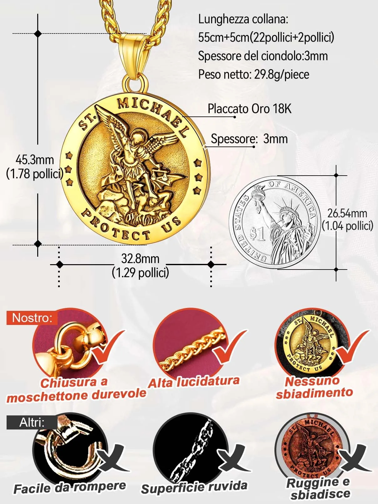 FaithHeart Collana San Michele Arcangelo Acciaio Inox 316L Uomo Gioielli Religiosi Cristiani Talismano di Protezione Soldati Militari, 55, Metallo, Nessuna pietra preziosa - immagine 2