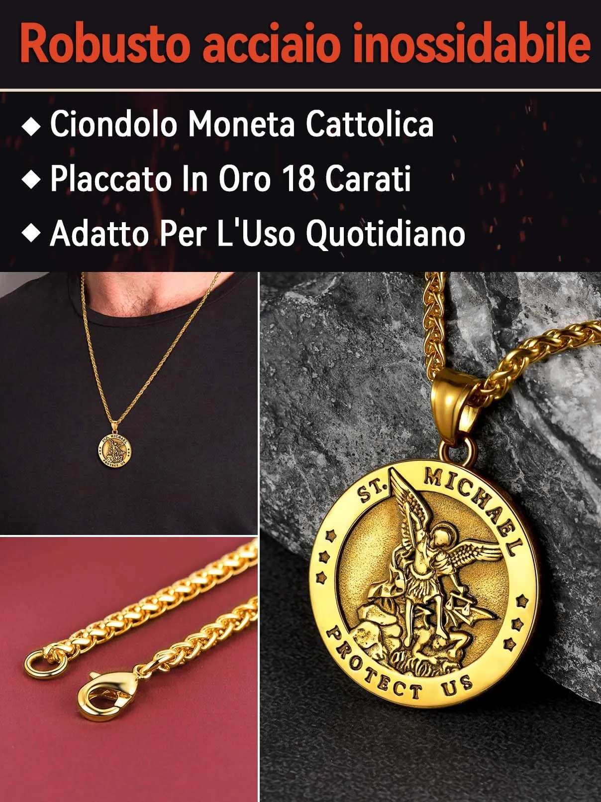 FaithHeart Collana San Michele Arcangelo Acciaio Inox 316L Uomo Gioielli Religiosi Cristiani Talismano di Protezione Soldati Militari, 55, Metallo, Nessuna pietra preziosa - immagine 3