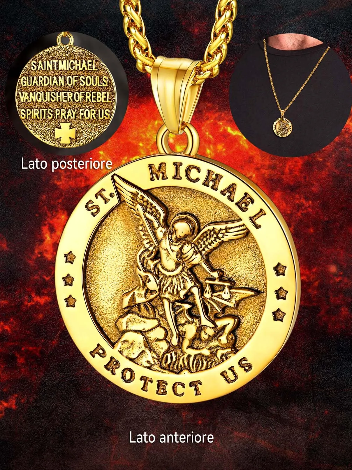 FaithHeart Collana San Michele Arcangelo Acciaio Inox 316L Uomo Gioielli Religiosi Cristiani Talismano di Protezione Soldati Militari, 55, Metallo, Nessuna pietra preziosa - immagine 4
