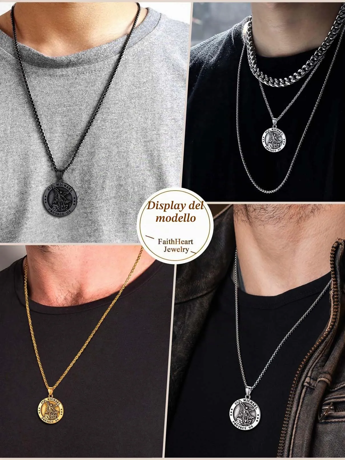 FaithHeart Collana San Michele Arcangelo Acciaio Inox 316L Uomo Gioielli Religiosi Cristiani Talismano di Protezione Soldati Militari, 55, Metallo, Nessuna pietra preziosa - immagine 7