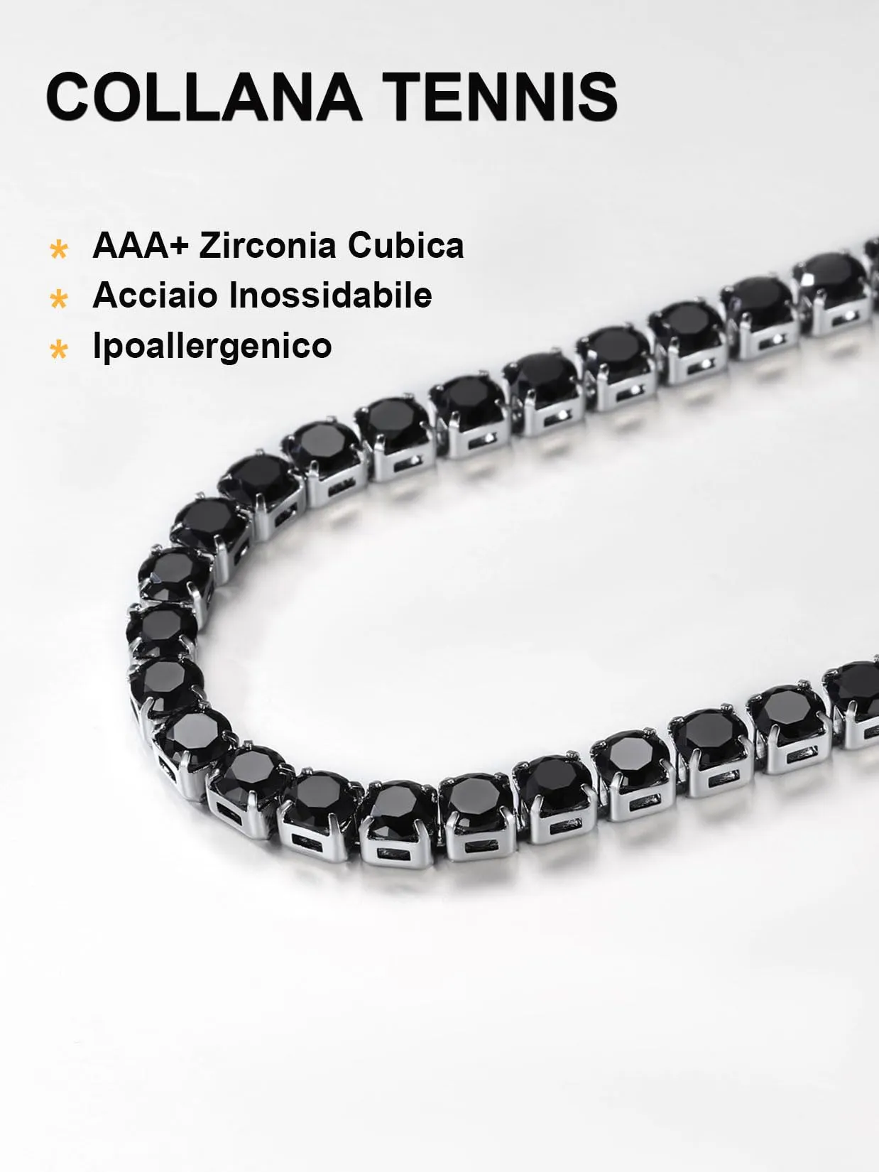 U7 Collana Tennis Donna e Uomo con Zirconi Neri 5mm lungh.45cm - immagine 5