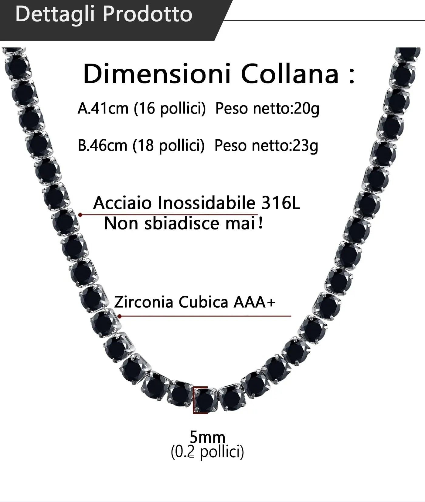 U7 Collana Tennis Donna e Uomo con Zirconi Neri 5mm lungh.45cm - immagine 6