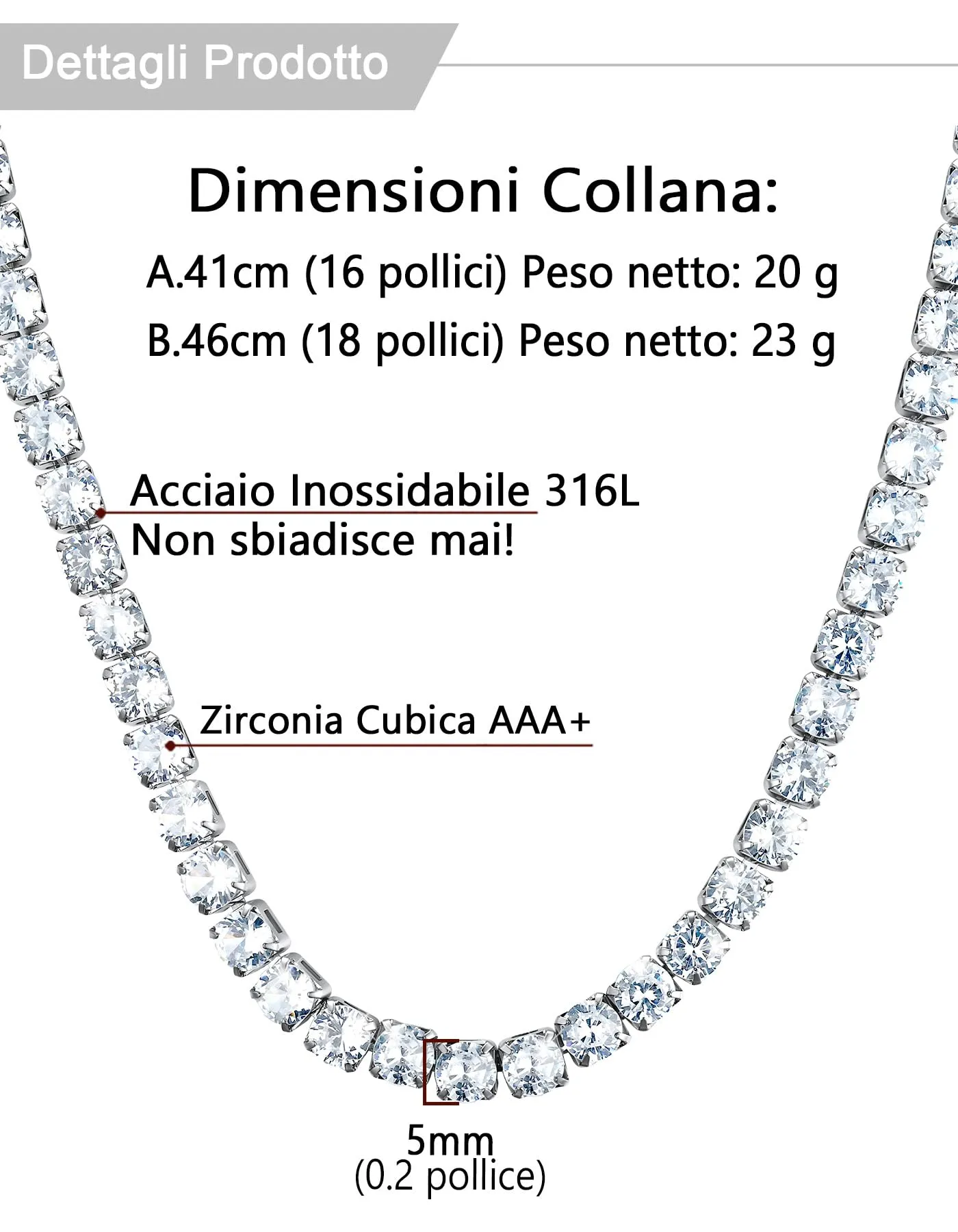 U7 Collana Tennis Donna e Uomo con Zirconi Bianchi 5mm lungh.40cm - immagine 5