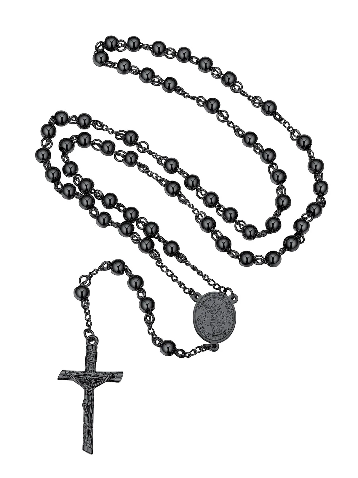 FaithHeart Collana Rosario Cristiano Medagila San Michele Argento Nero Oro Catena Lunga di Perline Preghiera 66+16 CM Collana Amuleto Gioielli Religiosi Regalo Compleanno - immagine 1