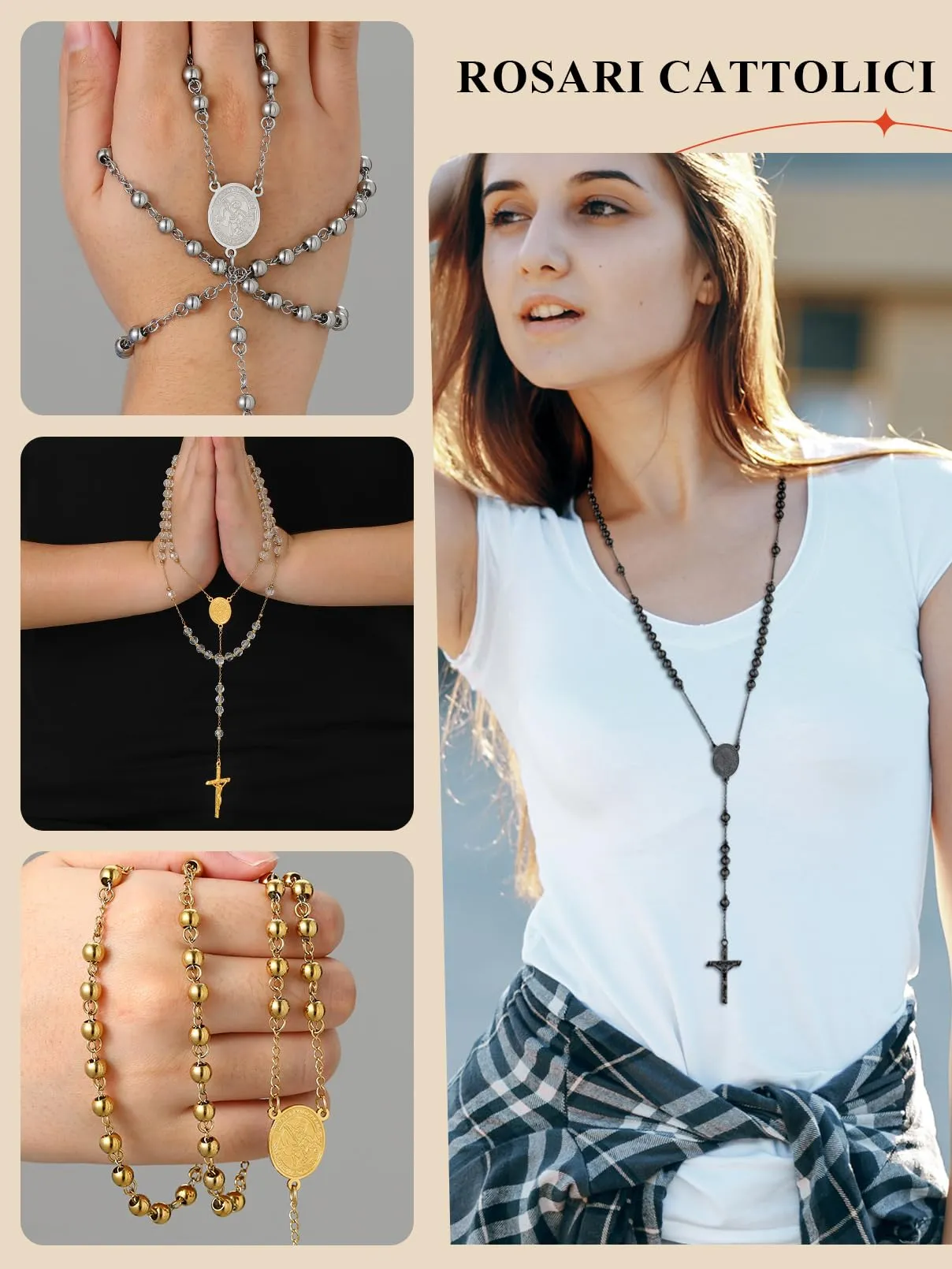 FaithHeart Collana Rosario Cristiano Medagila San Michele Argento Nero Oro Catena Lunga di Perline Preghiera 66+16 CM Collana Amuleto Gioielli Religiosi Regalo Compleanno - immagine 2