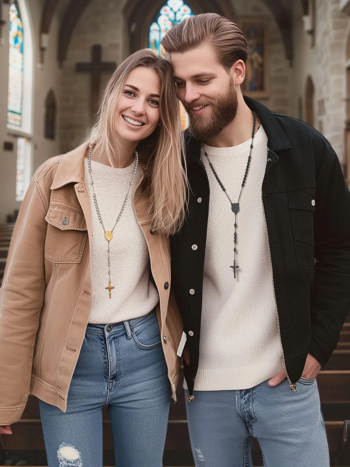 FaithHeart Collana Rosario Cristiano Medagila San Michele Argento Nero Oro Catena Lunga di Perline Preghiera 66+16 CM Collana Amuleto Gioielli Religiosi Regalo Compleanno - immagine 3